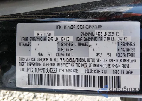 2021 Mazda Mazda6 Sport z USA, uszkodzony, nr VIN JM1GL1UMXM1604339